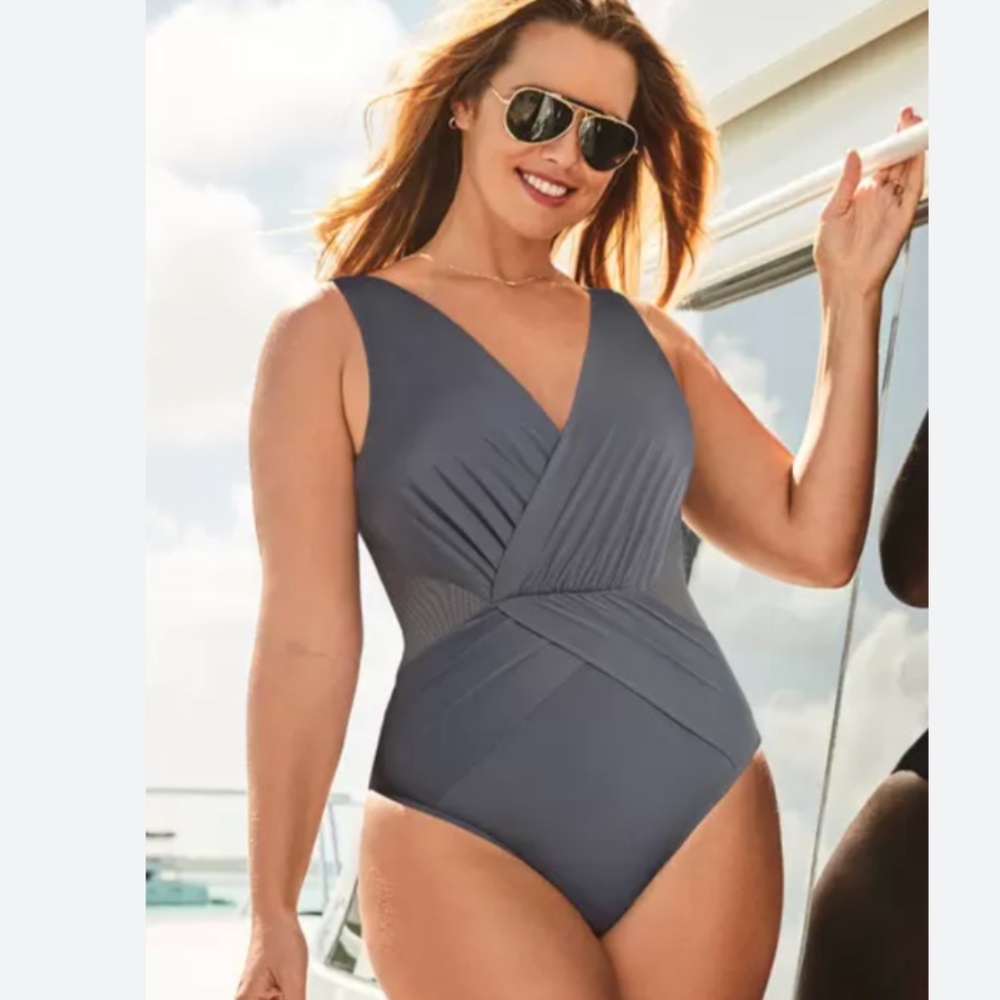 NWT Mesh sides surplice grey one piece Swimsuits for All